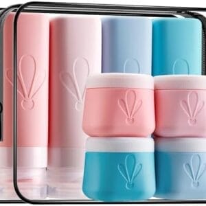 INSFIT 8 Pack Silicone Travel Bottles & Cream Jars with Toiletry Bag, 3oz Leakproof Containers & 2oz Jars with Waterproof Labels, BPA-Free Squeezable Toiletries Set for Shampoo, Lotion, Cosmetics