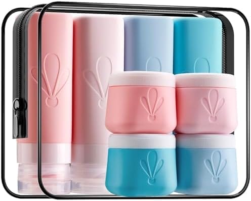 INSFIT 8 Pack Silicone Travel Bottles & Cream Jars with Toiletry Bag, 3oz Leakproof Containers & 2oz Jars with Waterproof Labels, BPA-Free Squeezable Toiletries Set for Shampoo, Lotion, Cosmetics