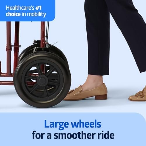 Medline Lightweight Foldable Transport Wheelchair with Handbrakes and 12-Inch Wheels, Red Frame, Black Upholstery - Image 2
