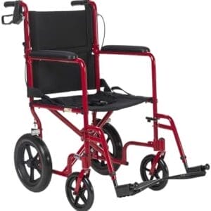 Drive Medical EXP19LTRD Lightweight Expedition Folding Transport Wheelchair with Hand Brakes, Ultra Lightweight Transport Chair for Seniors and Adults, Red