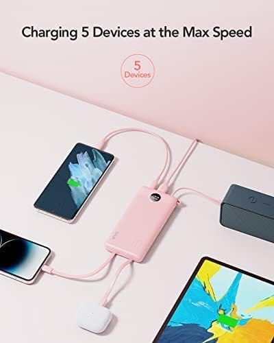 VRURC Portable Charger Power Bank, 10000mAh Travel Essentials Battery Pack, 5 Outputs 2 Inputs Slim Charging Bank Built-in Cables Cords Wires Compatible with iPhone,Samsung,Android-Pink(1 Pack) - Image 4