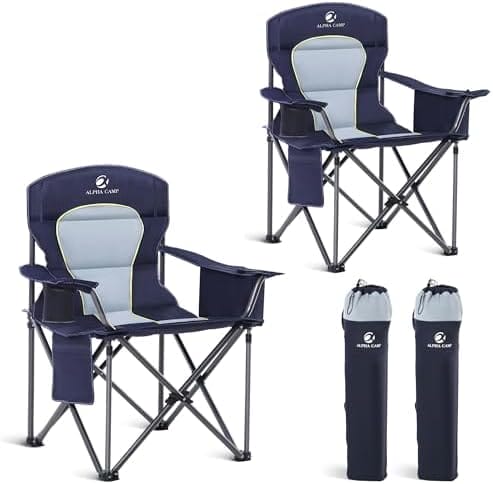 LET'S CAMP Oversized Folding Camping Chair Portable Outdoor Heavy Duty Padded Chairs Lawn Chair with Cup Holder, Storage Pocket and Cooler Bag, Supports 450LBS, for Camp, Travel, Picnic,2 Pack(Blue)