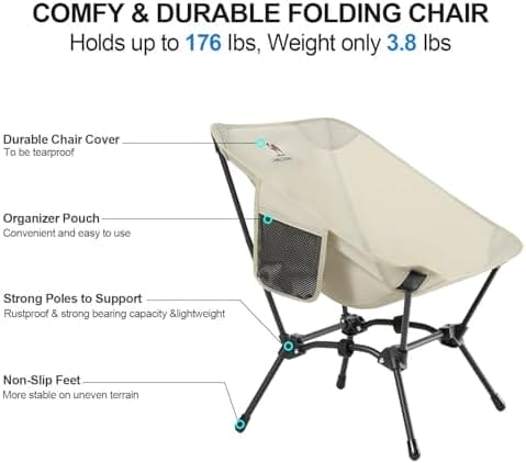 CAMEL CROWN Folding Camping Chair, Lightweight Portable Compact Lawn Chair with Side Pocket for Outdoor Travel Beach Picnic Hiking Backpacking Khaki - Image 5