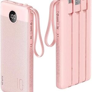 VRURC Portable Charger Power Bank, 10000mAh Travel Essentials Battery Pack, 5 Outputs 2 Inputs Slim Charging Bank Built-in Cables Cords Wires Compatible with iPhone,Samsung,Android-Pink(1 Pack)