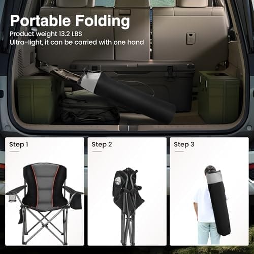 Oversized Portable Camping Folding Chair, Heavy Duty Foldable Outdoor Chair, Camp Chair with Cup Holder and Cooler Bag for Caamping, Travel, Support 450 LBS,2 Pack, Black… - Image 7
