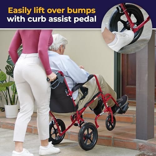 Drive Medical EXP19LTRD Lightweight Expedition Folding Transport Wheelchair with Hand Brakes, Ultra Lightweight Transport Chair for Seniors and Adults, Red - Image 3