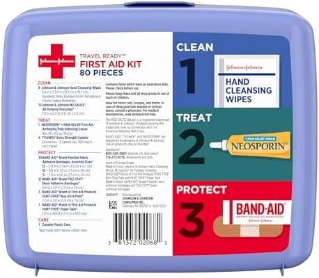 Band-Aid Travel Ready Portable Emergency First Aid Kit for Minor Wound Care with Assorted Adhesive Bandages, Gauze Pads & More, Ideal for Travel, Car & On-The-Go, 80 pc - Image 6