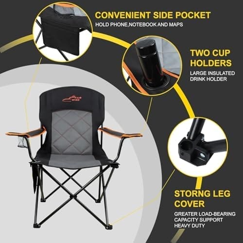 FAIR WIND 2 Pack Oversized Fully Padded Camping Chair Heavy Duty Quad Fold Arm Chair Support 350 LBS with Cup Holder, Collapsible Lumbar Back Chair Portable for Outdoor, Black - Image 5