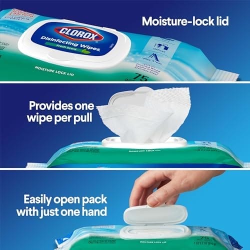 Clorox Disinfecting Wipes, Bleach Free, Household Essentials, Fresh Scent, Moisture Seal Lid, 75 Cleaning Wipes, Pack of 3 (New Packaging) - Image 5