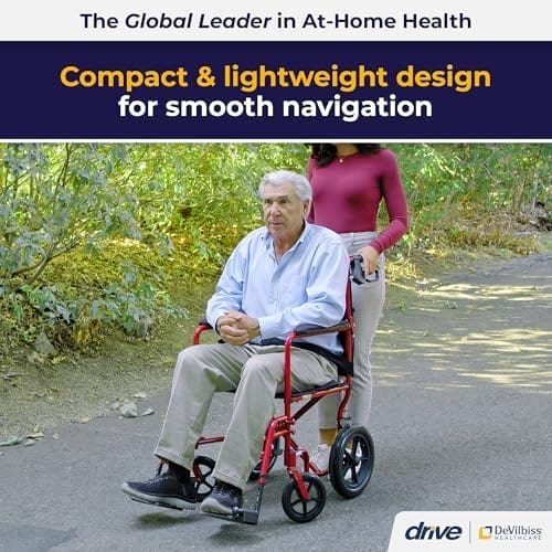 Drive Medical EXP19LTRD Lightweight Expedition Folding Transport Wheelchair with Hand Brakes, Ultra Lightweight Transport Chair for Seniors and Adults, Red - Image 2
