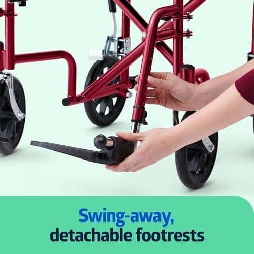 Medline Lightweight Foldable Transport Wheelchair with Handbrakes and 12-Inch Wheels, Red Frame, Black Upholstery - Image 5