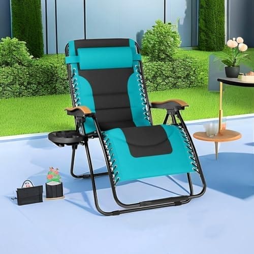 PHI VILLA XXL Oversized Padded Zero Gravity Chair, Foldable Patio Recliner, 30" Wide Seat Anti Gravity Lounger with Cup Holder, Support 400 LBS (Aqua) - Image 2