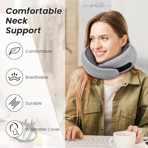 Travel Neck Pillows, 100% Memory Foam Filling, Travel Pillows for Airplanes, Compact and Ergonomic Design, Best for Sleeping Plane Train Travel Essentials (Light Grey) - Image 6