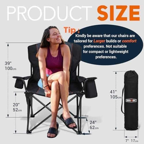Overmont Oversized Folding Camping Chair - 450lbs Support with Padded Cushion Cooler Pockets - Heavy Duty Collapsible Chairs for Sports Garden Beach Fishing - Image 3