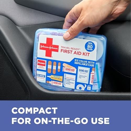 Band-Aid Travel Ready Portable Emergency First Aid Kit for Minor Wound Care with Assorted Adhesive Bandages, Gauze Pads & More, Ideal for Travel, Car & On-The-Go, 80 pc - Image 3