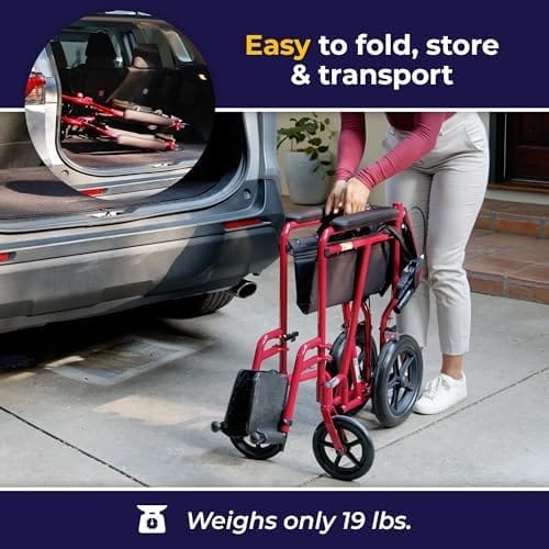 Drive Medical EXP19LTRD Lightweight Expedition Folding Transport Wheelchair with Hand Brakes, Ultra Lightweight Transport Chair for Seniors and Adults, Red - Image 5
