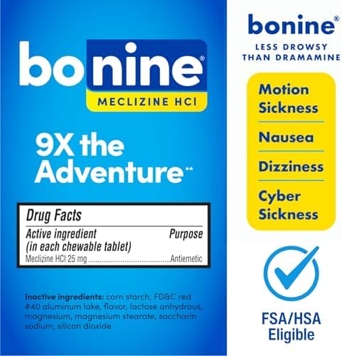 Bonine Non-Drowsy Motion Sickness Relief - 32 Chewable Tablets with Meclizine HCL 25mg - Non Drowsy Medicine for Nausea or Motion Sickness - Cruise Essentials - Raspberry Flavor - Image 2