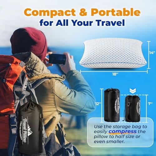 Small Cooling Shredded Memory Foam Pillow for Travel & Camping, Compressible Adjustable Gel Bed Pillow Washable Cover, Medium-Firm Contoured Support, Ideal Sleeping,Car, Airplane,Toddler, Backpacking - Image 2