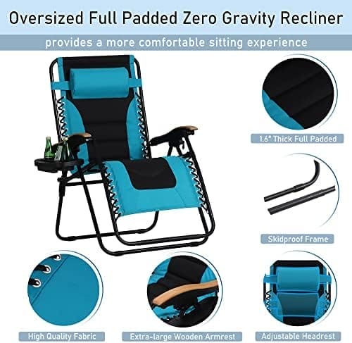 PHI VILLA XXL Oversized Padded Zero Gravity Chair, Foldable Patio Recliner, 30" Wide Seat Anti Gravity Lounger with Cup Holder, Support 400 LBS (Aqua) - Image 4