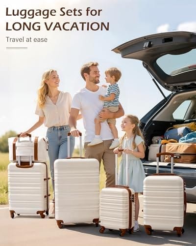 LONG VACATION 6 Piece Luggage Set Carry on Suitcase with ABS+PC hardshell, Spinner Wheels & YKK Zipper TSA Lock (WHITE-BROWN, 6 piece set) - Image 6