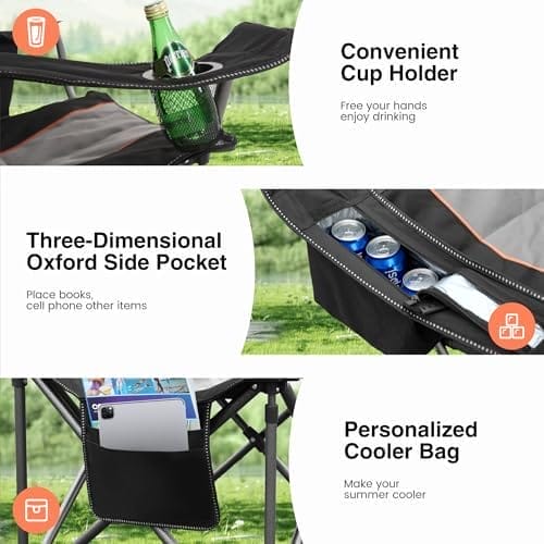 Oversized Portable Camping Folding Chair, Heavy Duty Foldable Outdoor Chair, Camp Chair with Cup Holder and Cooler Bag for Caamping, Travel, Support 450 LBS,2 Pack, Black… - Image 6