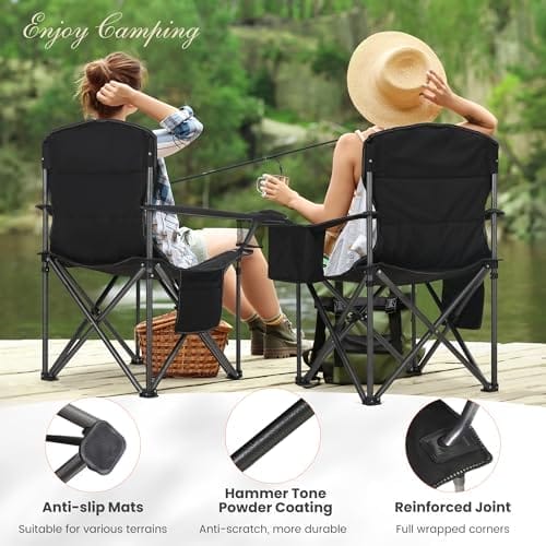 Oversized Portable Camping Folding Chair, Heavy Duty Foldable Outdoor Chair, Camp Chair with Cup Holder and Cooler Bag for Caamping, Travel, Support 450 LBS,2 Pack, Black… - Image 3