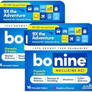 Bonine Non-Drowsy Motion Sickness Relief - 32 Chewable Tablets with Meclizine HCL 25mg - Non Drowsy Medicine for Nausea or Motion Sickness - Cruise Essentials - Raspberry Flavor