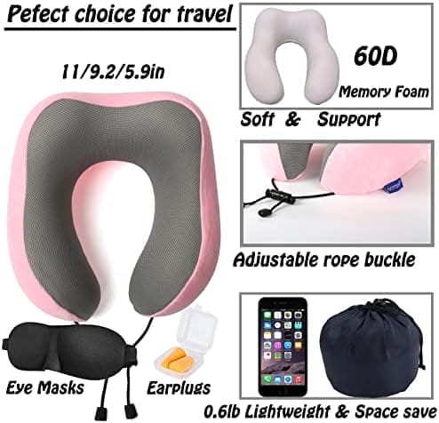 Travel Pillow,Travel Neck Pillows for Sleeping,100% Pure Memory Foam Soft Comfort & Support Pillow for Airplane/Car/Office&Home Rest Use-Pink - Image 2