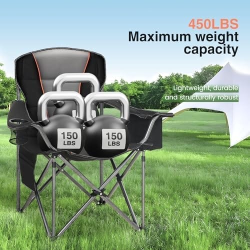 Oversized Portable Camping Folding Chair, Heavy Duty Foldable Outdoor Chair, Camp Chair with Cup Holder and Cooler Bag for Caamping, Travel, Support 450 LBS,2 Pack, Black… - Image 4