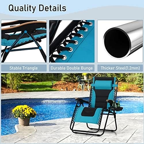 PHI VILLA XXL Oversized Padded Zero Gravity Chair, Foldable Patio Recliner, 30" Wide Seat Anti Gravity Lounger with Cup Holder, Support 400 LBS (Aqua) - Image 5