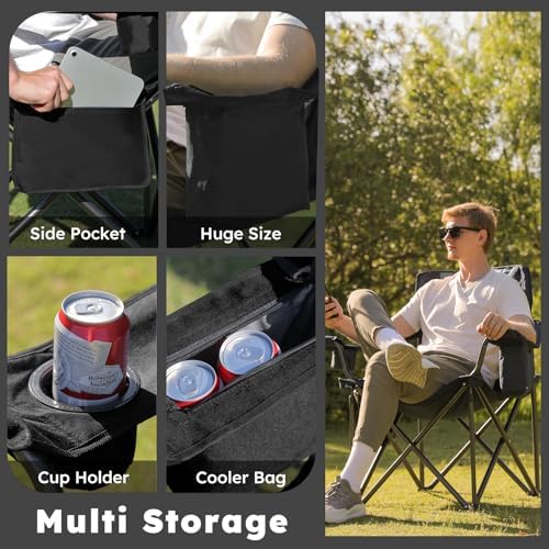 Oversized Folding Camping Chairs - 450 LBS Support Heavy Duty Camp Chair with Padded Cushion, Portable Outside Chairs with Carry Bag，Cooler, Cup Holder for Outdoor, Lawn, Sports - Black - Image 4