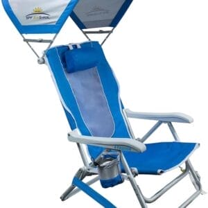 GCI OUTDOOR Sunshade Backpack Beach Chair | Reclining Folding Canopy Chair with Durable Armrests, Drink Holder & Carry Straps, Perfect for Beach Trips & Picnics — Saybrook Blue
