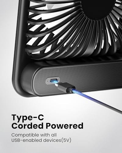 Koonie USB Desk Fan, Strong Wind Ultra Quiet Small Personal Fan with 180° Tilt Folding and 3 Speeds Adjustable, USB-C Corded Powered Mini USB Fan for Office Desktop Bedroom, NO BATTERY - Image 4