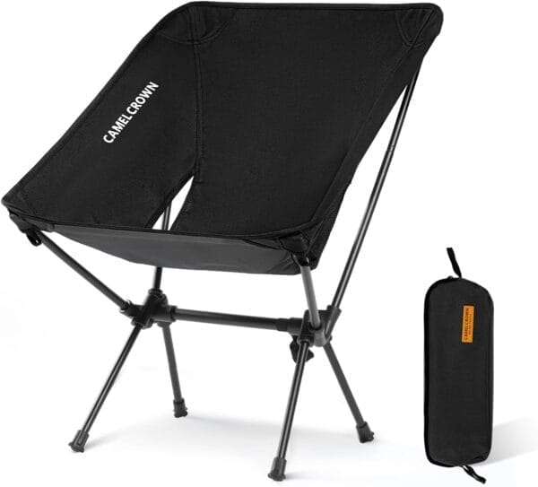 CAMEL CROWN Portable Camping Chair Folding Compact Lawn Lightweight Backpacking Chair with Carry Bag for Outdoor Hiking Beach Travel Picnic Festival Black