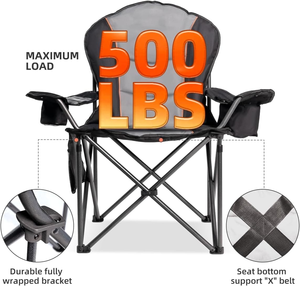 Oversized Camping Chair Heavy Duty 500LBS - Folding Outdoor Chair with Cooler Bag, Storage Pockets, Portable Collapsible Lawn Chairs for Adults (Black & Gray) - Image 3