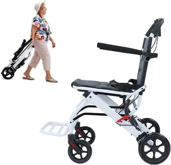 Folding Transport Wheelchair, Lightweight Portable Travel Wheel Chair for Adults, Ergonomic with Adjustable Safety Strap, Carbon Steel Frame, PU Wheels for Smooth Rid for The Elderly