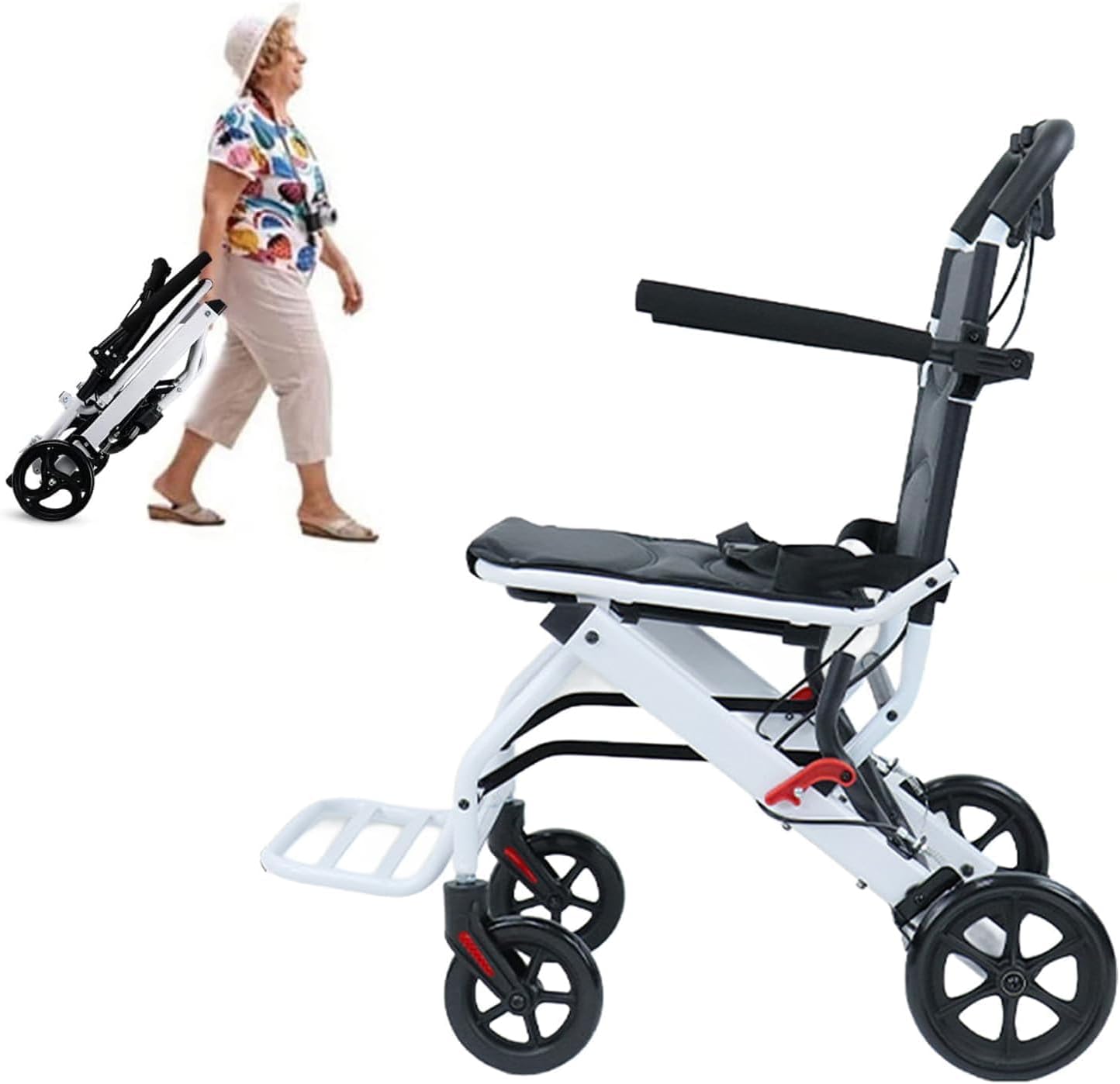 Folding Transport Wheelchair, Lightweight Portable Travel Wheel Chair for Adults, Ergonomic with Adjustable Safety Strap, Carbon Steel Frame, PU Wheels for Smooth Rid for The Elderly
