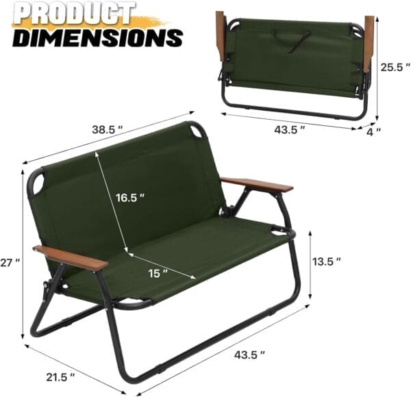 MoNiBloom Folding Double Seat Camping Chair Outdoor Beach Lawn Picnic Hiking Travel Portable Foldable Collapsible 2-Person Camp Loveseat Chair for Adults (Dark Green) - Image 3