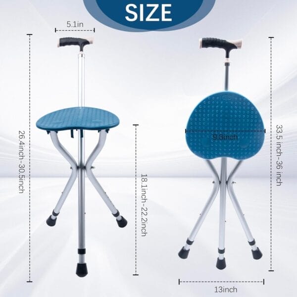 Walking cane with seat cane chair foldable walking stick with seat, adjustable cane stool for seniors elderly, lightweight aluminum, easy carry (blue) - image 4