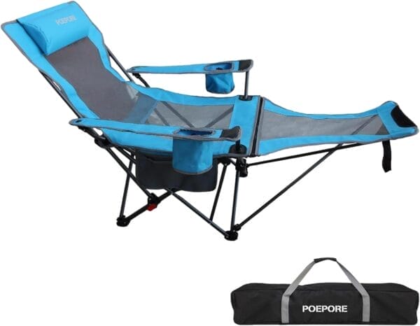 Reclining Camping Chair with Removable Footrest Lounge Chair with Headrest, Cotton Cushion, Portable Adjustable Folding Chairs for Adults Blue - Image 9