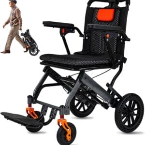 20LBS Lightweight Foldable Transport Wheelchair for Adults - Carbon Fiber Coating, 10” Honeycomb Wheels, 220LBS Capacity, Pull Rod, 16.2” Seat, Portable for Travel & Daily Use
