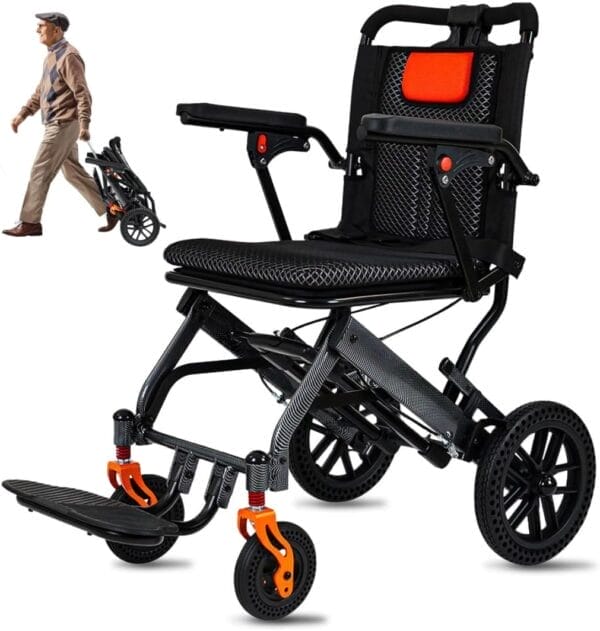 20LBS Lightweight Foldable Transport Wheelchair for Adults - Carbon Fiber Coating, 10” Honeycomb Wheels, 220LBS Capacity, Pull Rod, 16.2” Seat, Portable for Travel & Daily Use