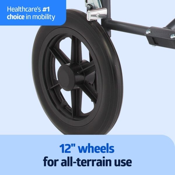 Medline Durable Folding Steel Transport Wheelchair with 12-Inch Wheels, 19-Inch Seat Width, Gray Frame, Microban, Teal Upholstery - Image 2