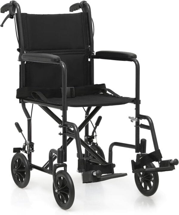 monicare Wheelchairs for Adults 16 inch Seat Folding Compact Transport Chair with Loop-Lock Handbrakes and Back Folds Down Foldable Lightweight Wheel Chair for Storage, 250 lbs Capacity, Black