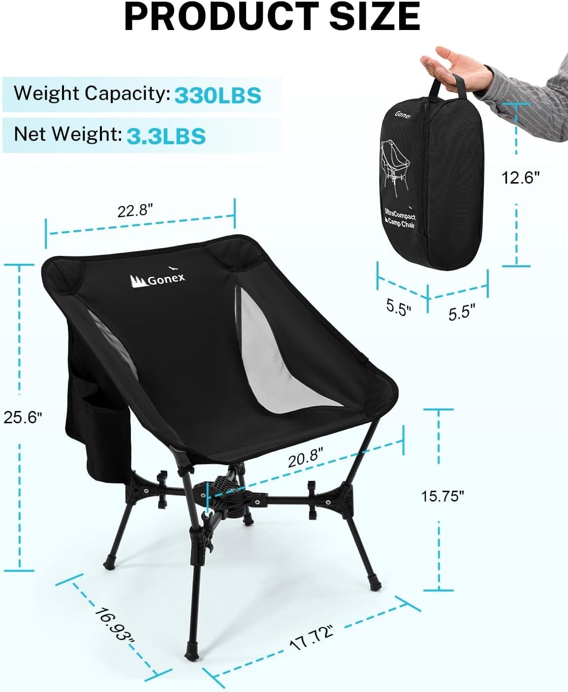 Gonex Portable Camping Chair, The 5th Gen Ultralight Compact Backpacking Foldable Lightweight Folding Chair for Outdoor Camp Hiking Beach Picnic Concert, Supports 330lbs (Black,1PCS) - Image 2
