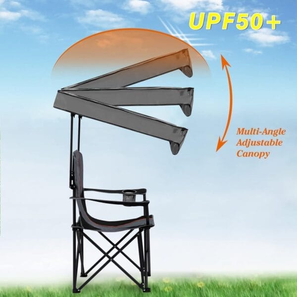 FAIR WIND Oversized Camping Lounge Chair with Adjustable Shade Canopy, Heavy Duty Quad Fold Chair Arm Chair - Support 350 LBS (Black Grey) - Image 3