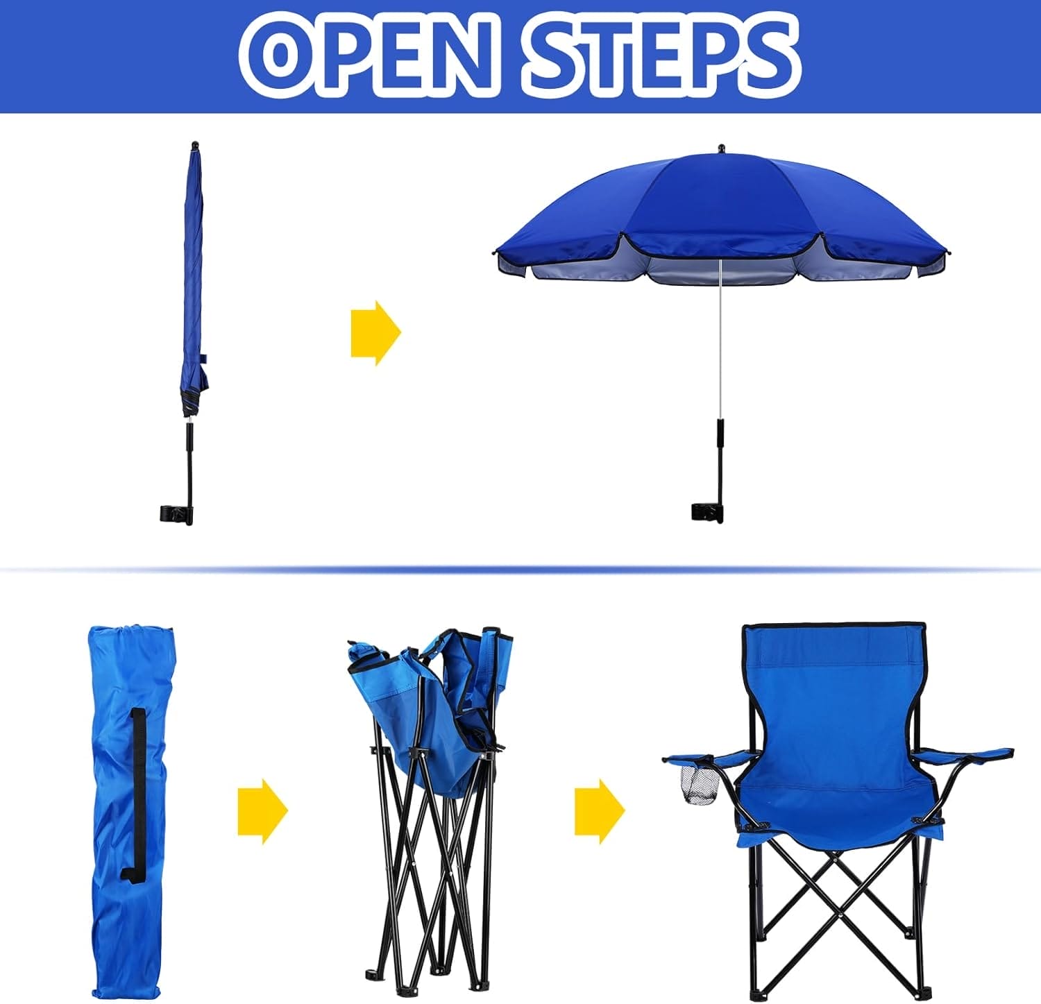 2 Pack Beach Chair with Umbrella for Adults Universal Clamp Folding Lightweight Adjustable Backpack Sling Beach Camping Chair with Cup Holder for Sand Camping Travel Outdoor Pool(Blue) - Image 5