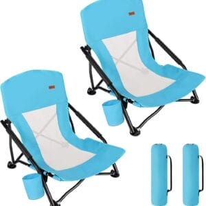 TOBTOS Low Beach Chair, Beach Chairs for Adults 2 Pack, Low Profile Folding with Cup Holder & Carry Bag, Heavy Duty Chair for Outdoor Sand, Camping, Concert, Travel