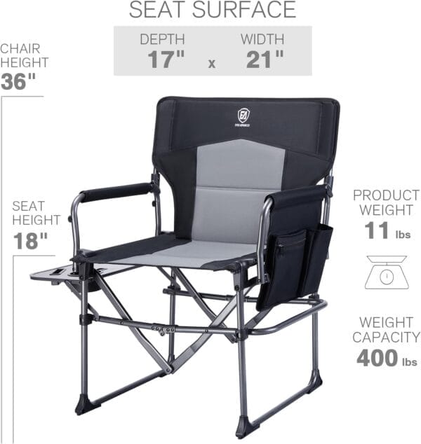 EVER ADVANCED Camping Directors' Chair with Side Table, Portable Folding with Compact Size, Heavy Duty Lawn Chair with Pocket for Camping, Lawn, Sports and Fishing, 400lbs, Black - Image 3