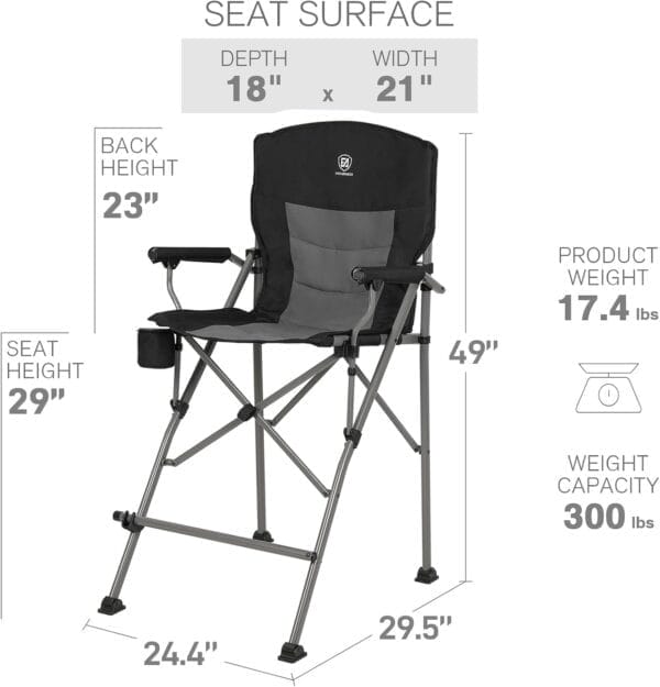 EVER ADVANCED Tall Directors Chair with Cup Holder 31", Bar Height Folding Chair for Camping, Sports with Carry Bag, Mesh Pockets and Footrest, Heavy Duty 300 lbs, Black - Image 3